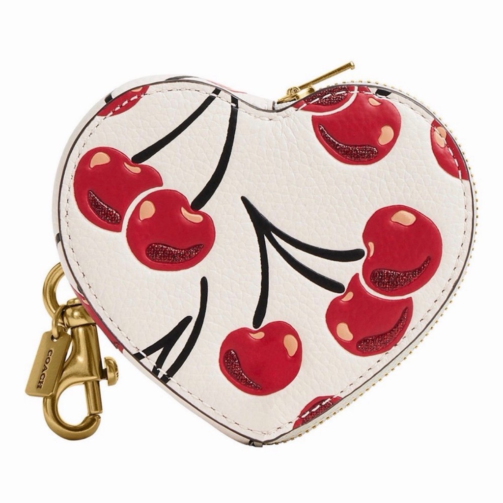 Coach Boxed Cherry Print Heart Coin Purse Bag Charm B4/Chalk Pebble Leather Nwt